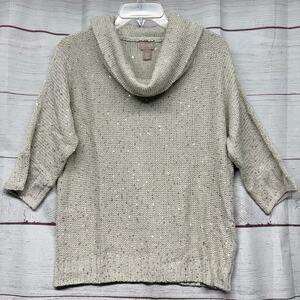 Chico’s Sequin Cowl Neck Sweater Size 1 Medium Silver Sparkle 3/4 Sleeve Knit